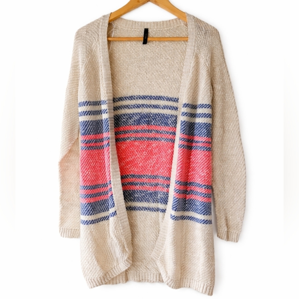 ABSOLUTELY Striped Open Front Knit Cardigan Cream Red Blue Medium‎